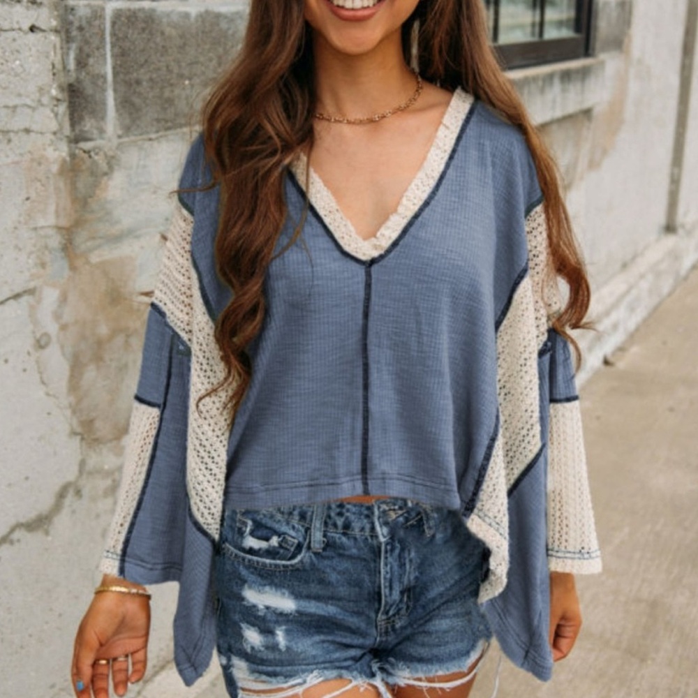 Blue and Cream Loose Fit Bohemian V-Neck Sweater